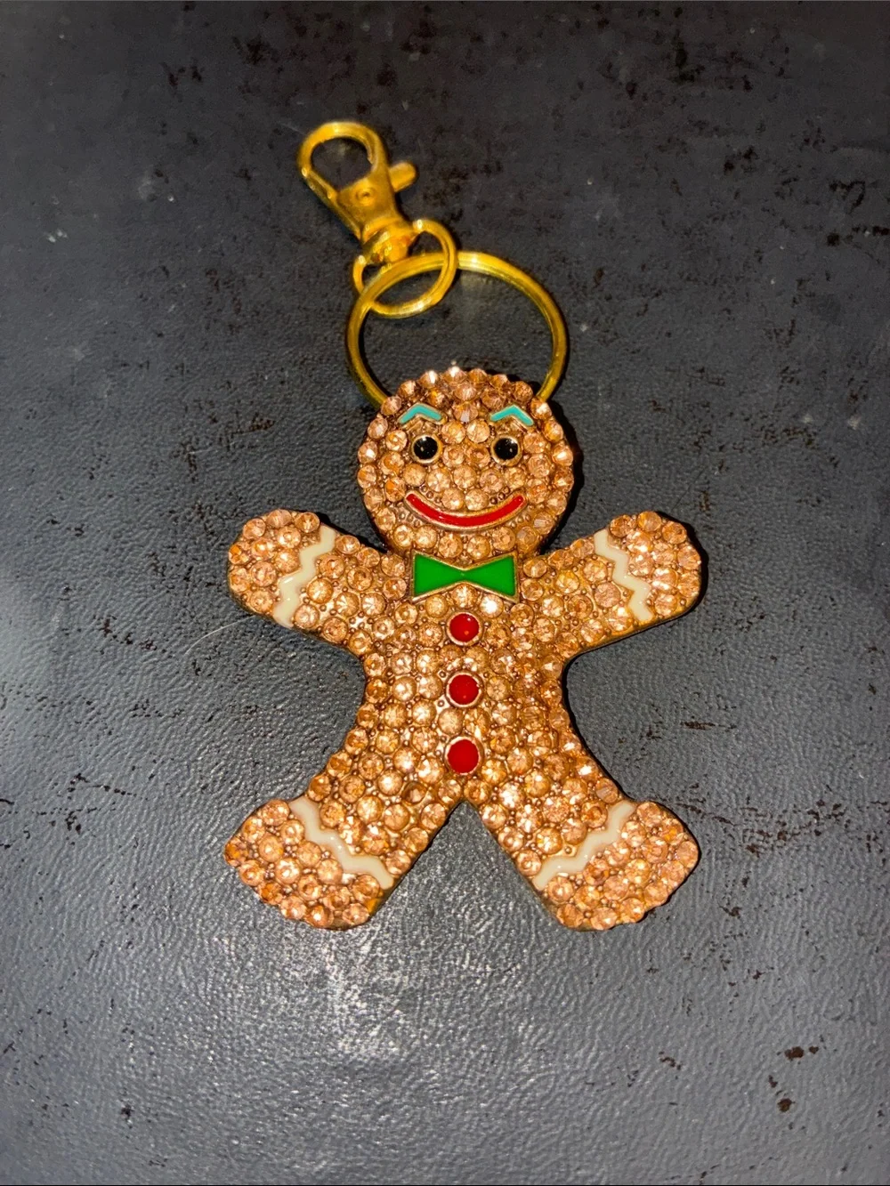 Crystal Gingerbread Keychain Charm in Brown with Green Bow